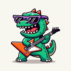 Little monster dinosaur playing electric guitar illustration © Aryasakti