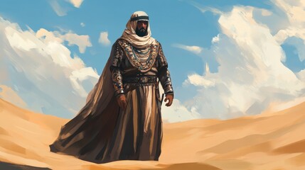 Fototapeta premium Arabian Desert Wanderer: A Digital Painting of a Majestic Figure in Traditional Attire