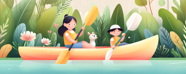 Family kayaking on river, enjoying scenic outdoor adventure with pet. vibrant greenery and playful atmosphere create joyful experience