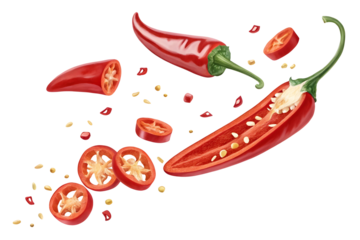 Fiery Chili Pepper Explosion: A dynamic composition featuring whole and sliced red chili peppers suspended in mid-air, revealing their vibrant red flesh and scattered seeds.  