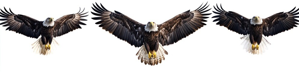 Naklejka premium Three different angles of an eagle in flight, against a white background, showing the full body with spread wings, in a photorealistic style