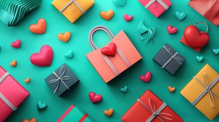 A colorful arrangement of gifts and hearts on a vibrant background, perfect for celebrations and special occasions.