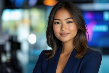 Naklejka premium Confident Female News Anchor in a Professional Studio Setting