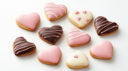 Obraz premium A delightful assortment of heart-shaped cookies featuring pink and chocolate icing, perfect for celebrations or sweet gifts.