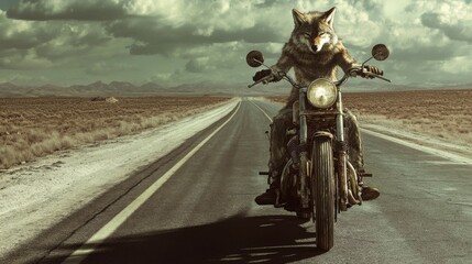 Anthropomorphic Wolf on a Motorcycle Riding Through a Desolate Desert Landscape on an Open Road