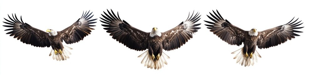 Fototapeta premium Three panels of an eagle flying in different poses, white background, photorealistic