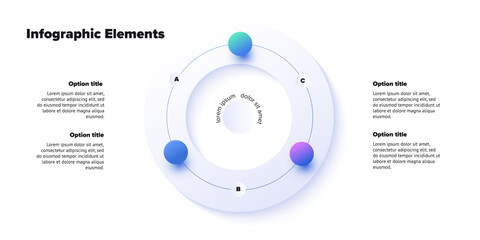 Business process chart infographics with 3 step spheres. Round workflow graphic elements. Company flowchart presentation slide. Vector info graphic in isometric design