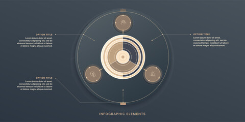 Business process chart infographics with 3 step circles. Round workflow graphic elements. Company flowchart presentation slide. Vector info graphic in flat design