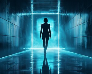 Woman in silhouette walking towards glowing blue neon portal in futuristic corridor.
