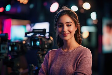 Obraz premium Confident Female News Anchor in a Professional Studio Setting