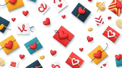 Fototapeta na wymiar A colorful arrangement of envelopes and hearts, symbolizing love, friendship, and celebration, set against a bright background.