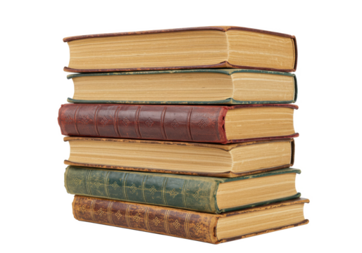 A stack of old vintage books with worn leather covers and textured spines, isolated on white background