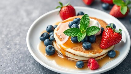 Stack of fluffy pancakes on plate with maple syrup, fresh berries, and mint garnish, sweet, blueberry