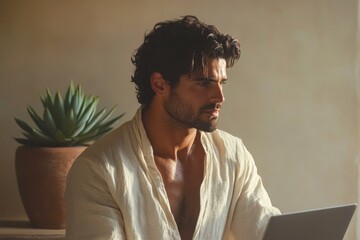 A man with dark hair and beard, wearing a light beige shirt, sits and looks at a laptop.