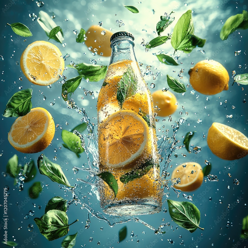 Poster a bottle of lemon drink flying in the air, surrounded by splashes of liquid and lots of leaves float