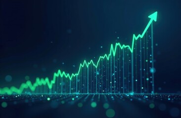 A business-themed illustration of a stock market graph with sharp upward trends, rendered in glowing neon blue and green lines on a dark grid background
