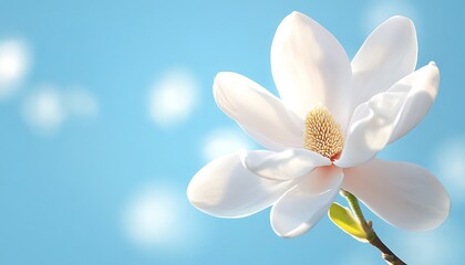 Obraz premium A delicate white magnolia flower blooms against a soft blue sky.In spring,