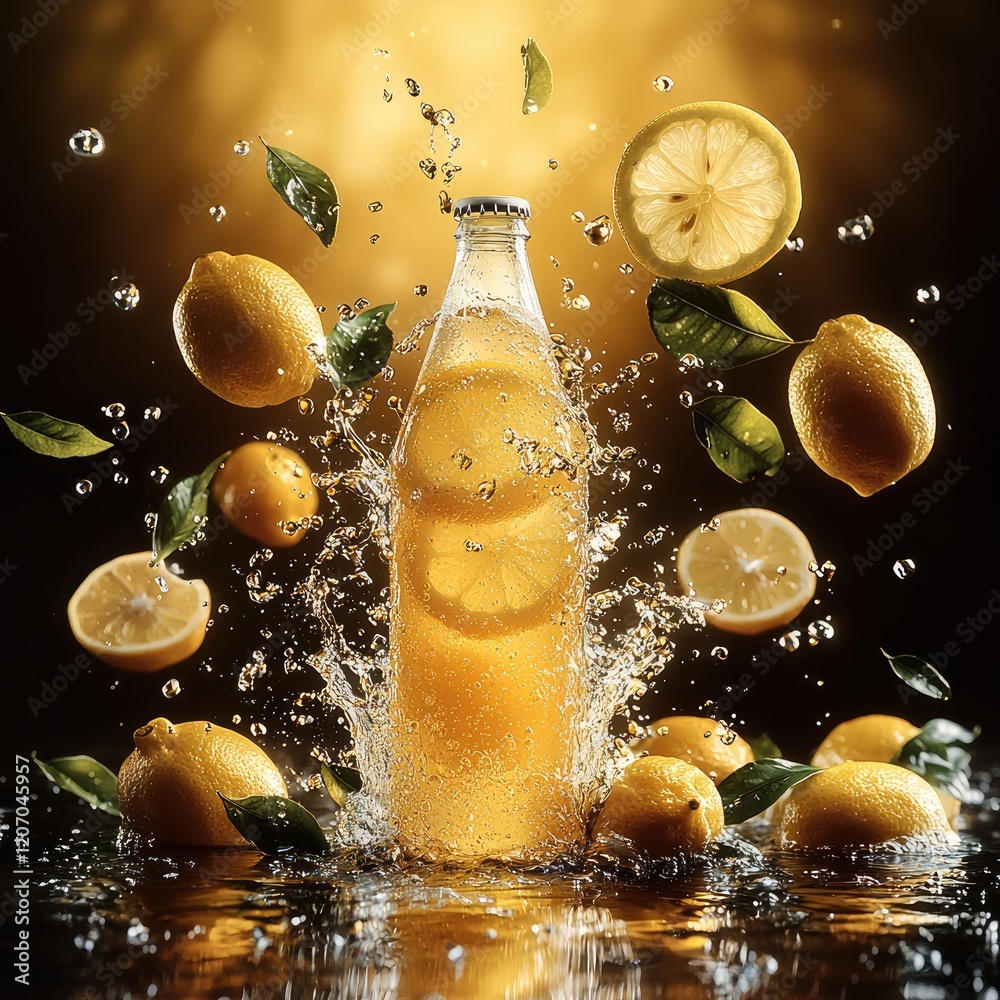 Poster a bottle of lemon drink flying in the air, surrounded by splashes of liquid and lots of leaves float
