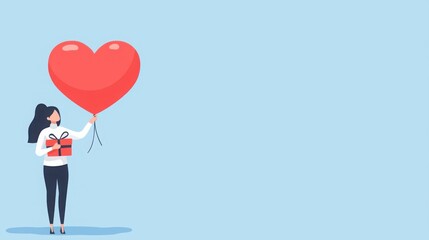 A woman holds a red heart-shaped balloon and a gift, set against a light blue background, symbolizing love and celebration.