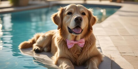 A stunning golden retriever with a soft pink bow on its collar lounges by the pool, soaking up the sun's warm rays and enjoying the peaceful atmosphere, leisure, calm