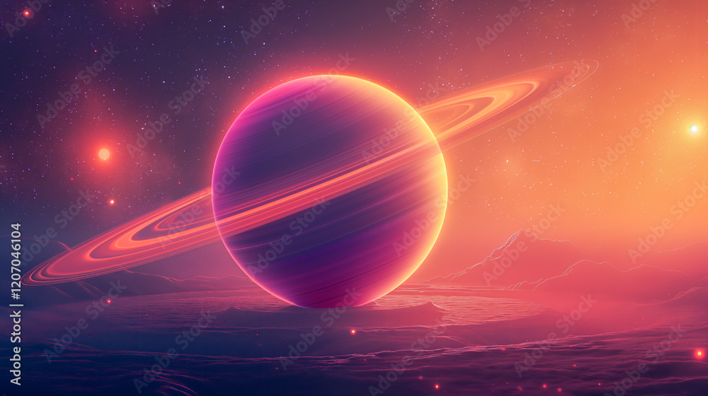 Canvas Prints cosmic landscape with rings around a planet and a glowing sun backdrop. generative ai