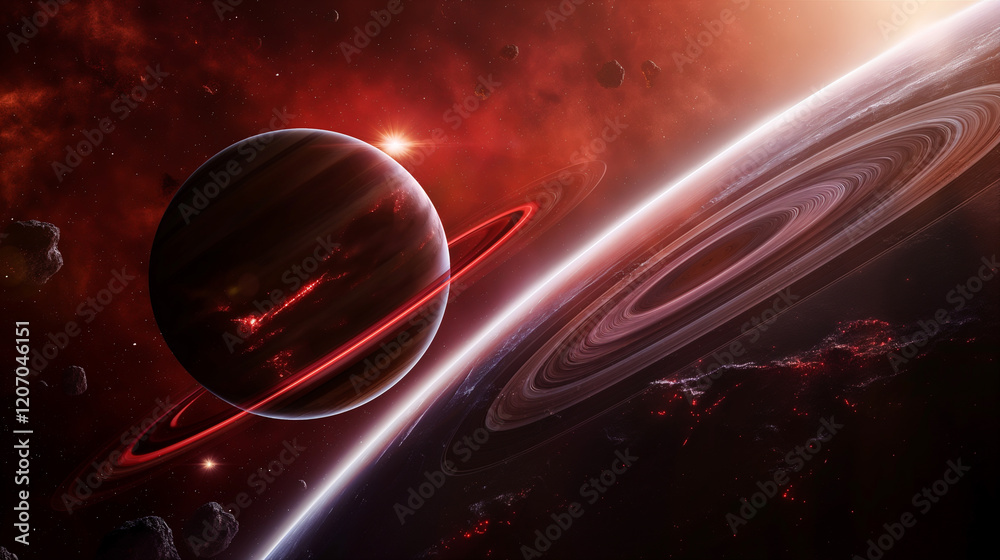 Canvas Prints cosmic landscape with rings around a planet and a glowing sun backdrop. generative ai