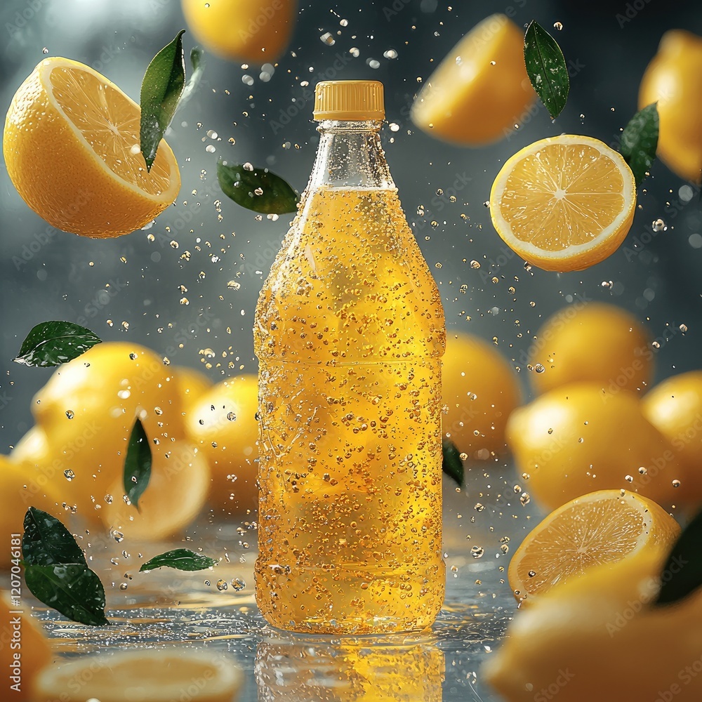 Poster a bottle of lemon drink flying in the air, surrounded by splashes of liquid and lots of leaves float