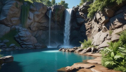 A stunning waterfall cascading down a rocky cliff into a crystal-clear pool , waterfall, water