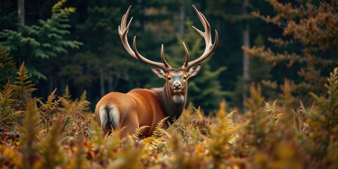 A stunning red deer with massive antlers stands proudly in a sea of tall ferns and foliage during the autumn rutting season, antler size, deer mating ritual