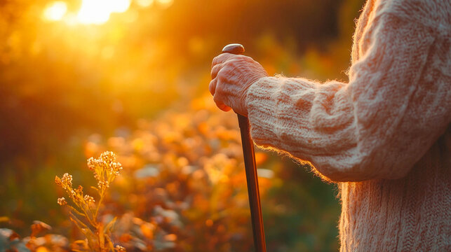 Close-up of an elderly man's hand holding a cane. The hand is wrinkled, with visible signs of age against the background of the sunset breaking through the autumn vegetation.