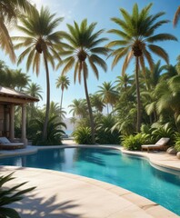 A tranquil oasis with a sparkling pool nestled among swaying palm trees under a bright blue sky, oasis, natural, serene