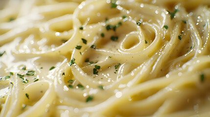 Close-Up of Perfectly Cooked Fettuccine Alfredo with Herbs