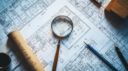 An overhead view of a detailed engineering blueprint with ISO documentation and certifications scattered around.
