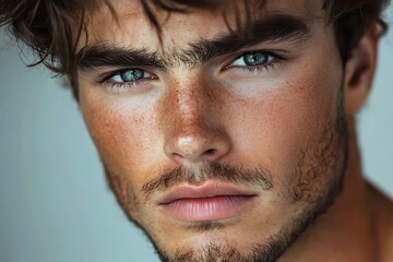 Obraz premium Intense Male Model Studio Shot Youthful Stubble, Freckles