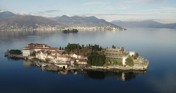 Aerial view of island and mountains, isola Bella, lake Maggiore, Piedmont, Italy