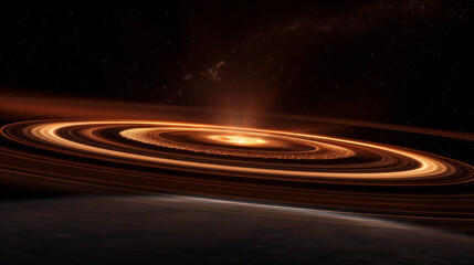 Fototapeta premium Distant planet with stunning rings and cosmic backdrop illuminated by stars. Generative AI
