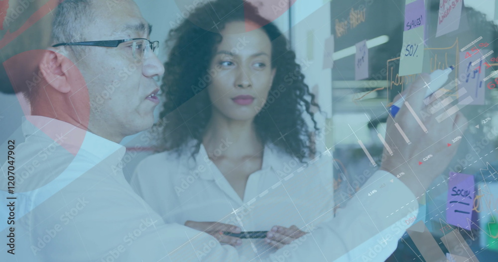 Wall mural image of financial data processing over diverse colleagues discussing work in office