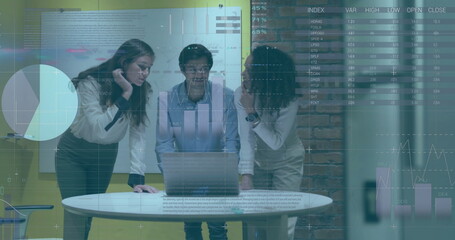 Image of financial data processing over diverse colleagues discussing work in office