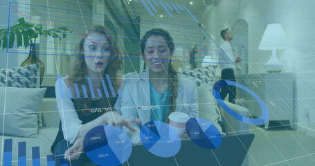 Image of financial data processing over diverse colleagues discussing work in office