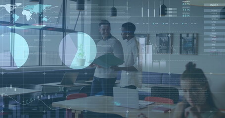 Image of financial data processing over diverse colleagues discussing work in office