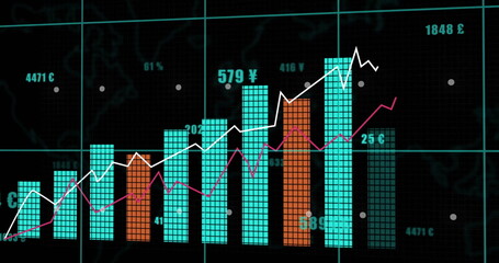 Image of statistics and digital data processing over dark background