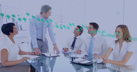 Image of financial data processing over diverse business people in meeting in office