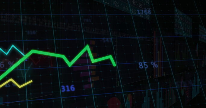 Image of statistics and digital data processing over grid on black background