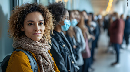 群衆の中でマスクを着けた人々と並ぶ笑顔の女性