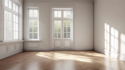 Empty door opened light. Light shining through open door 3D realistic Illustration