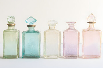 ガラスのボトルセット、優雅なカラフルなデザインの静物写真