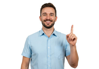 Smiling man in light blue shirt pointing upwards isolated on white background