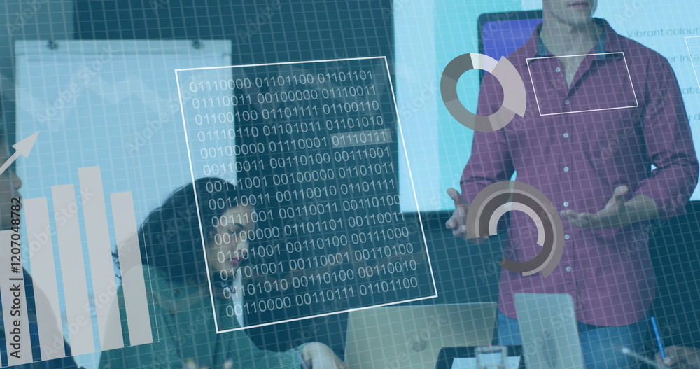 Poster binary code and data visualization image over business people in office