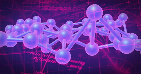 Image of network of connections with molecules over data processing on black background