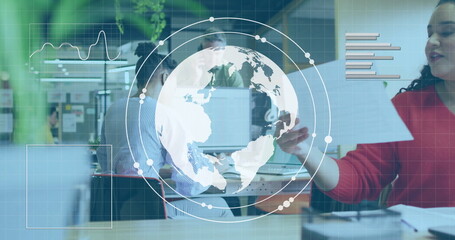 Global network and data analysis image over business meeting in office